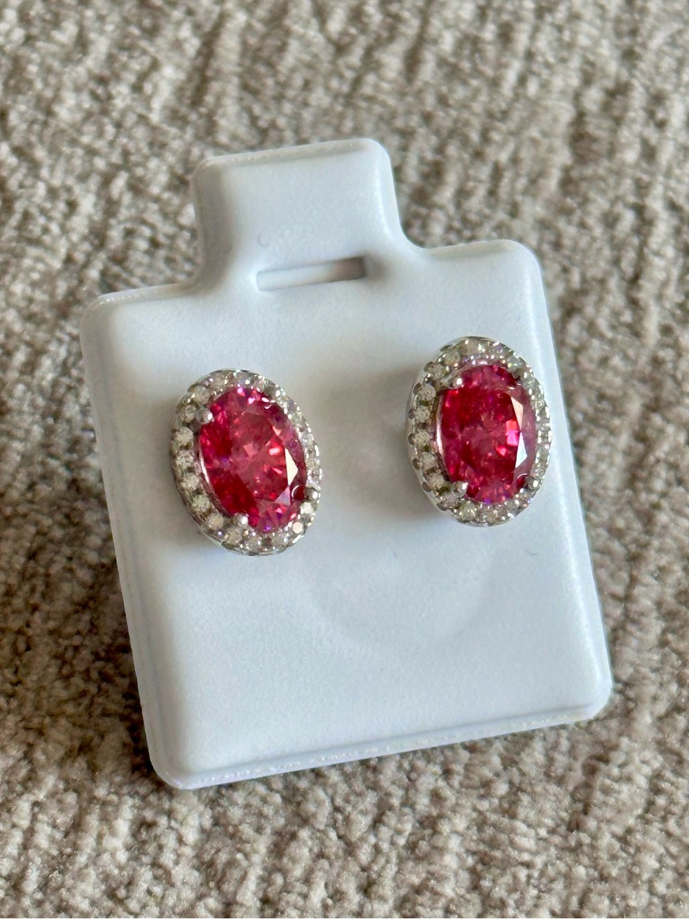 925 Silver Oval Pink Ruby Colored Halo Stud Earrings